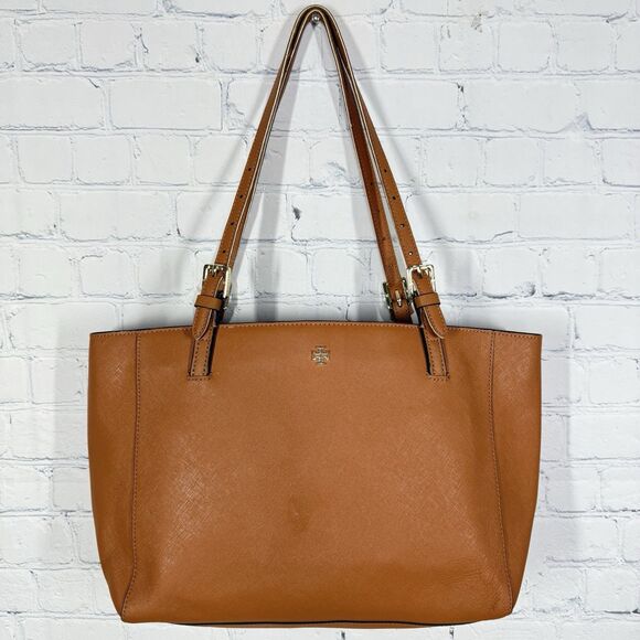 Tory Burch York Buckle Medium Tote Work Bag Camel Tan Brown Saffiano Leather - Picture 1 of 16